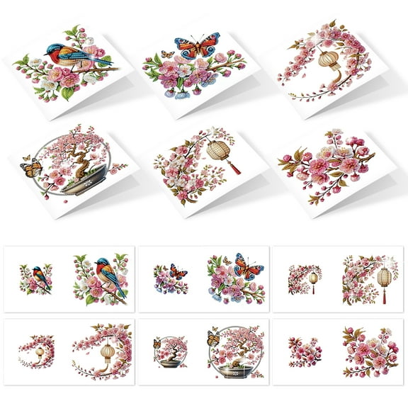 6pcs Diamond Painting Kit Greeting Cards, Peach Blossom and Bird Design 5D Handmade Art Birthday Holiday Cards with Envelopes, Christmas Gift