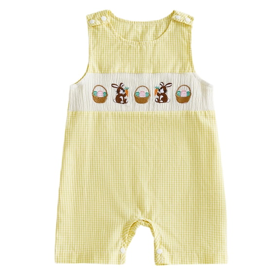 Nwiuh Toddler Boy Girl Easter Outfit Bunny Embroidery Jumpsuit Sleeveless Overall Spring Palysuit Easter Clothes (Yellow, 6-12 Months)
