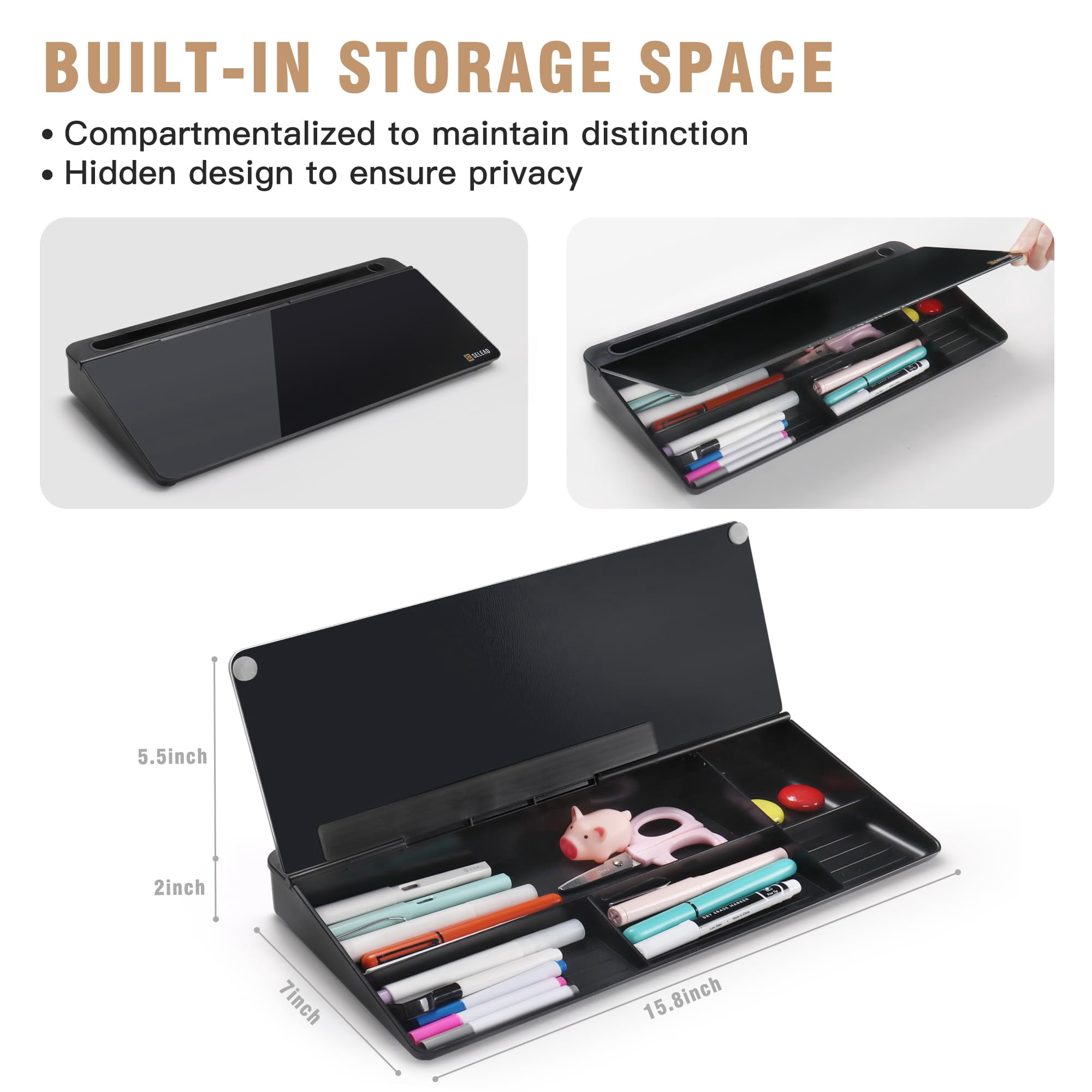 Desktop Glass Whiteboard With Organizer  Markers Eraser - Dry Erase Board Computer Pad Stand Drawer And Holder For Home School Office Black