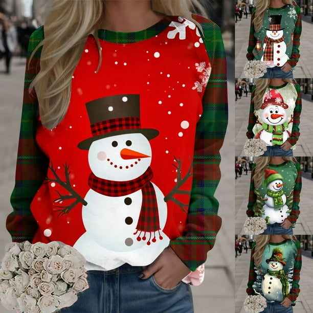 Sudadera con estampado de muneco de nieve de Feliz Navidad para mujer Sudadera con capucha de manga larga y cuello redondo para otono jersey de