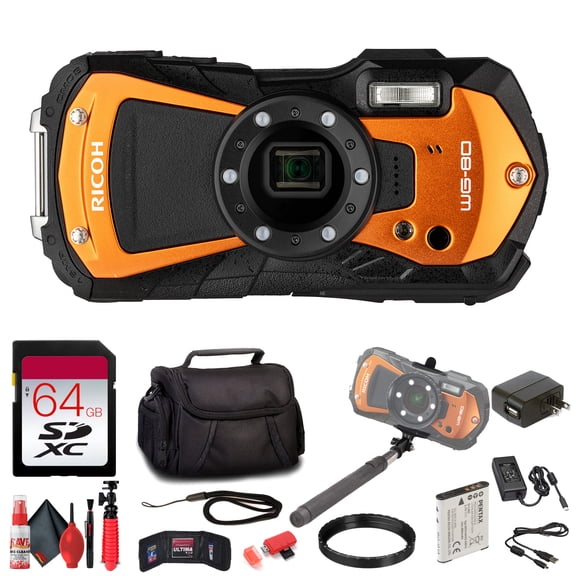 Ricoh WG-80 Rugged Waterproof Digital Camera (Orange) Shockproof Freezeproof Compact Design | Full HD Video LED Macro Lights for Outdoor Travel Adventure   64GB Card   More (12 Pc Bundle)