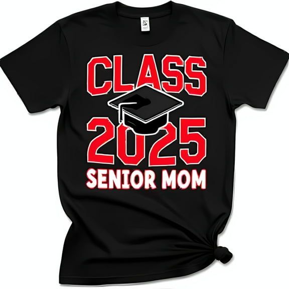 Class of 2025 Senior Mom Black T-Shirt with Graduation & Red Tassel Graphic