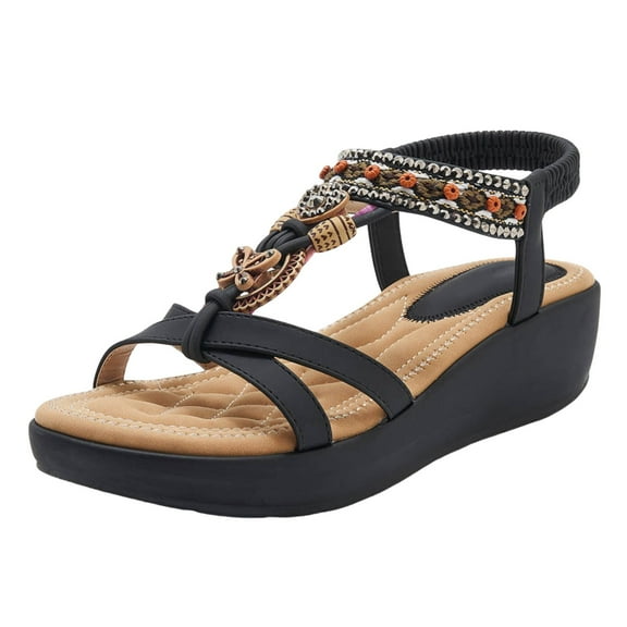 Mepaouo Women's Low Wedge Sandals Arch Support Bohemian Thongs Sandal Elastic Strap Walking Shoes Size 8.5