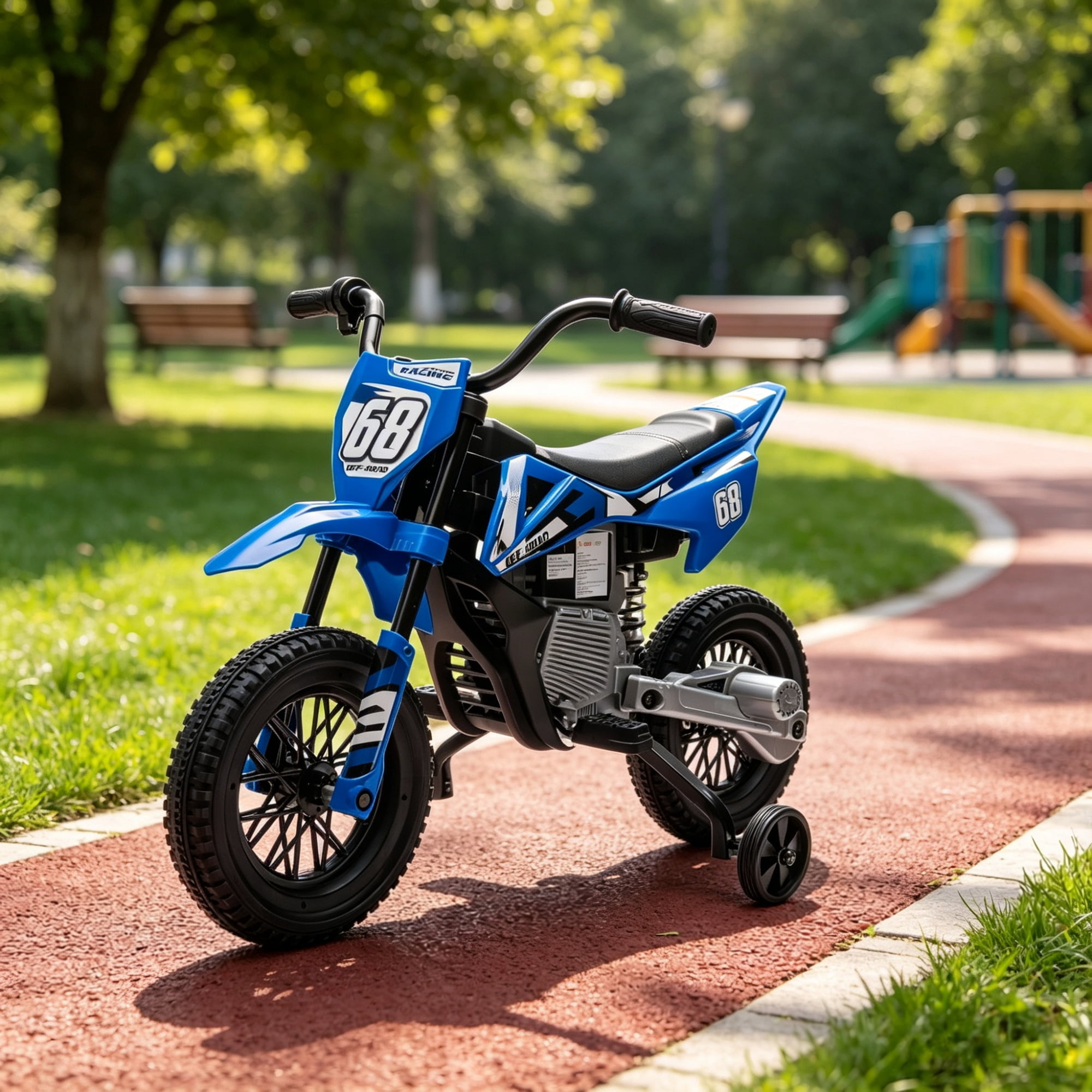 12V Kids Electric Motorcycle, Twist Handle Throttle, Safety Training Wheels, Rear Suspension System, Music Playback, Blue