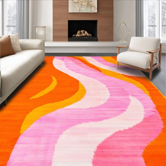 ODIKA 4'x6' Machine Washable Non-Slip Area Rug, Vibrant Swirling with Retro Funky Design High Traffic Rug, Orange, 144853
