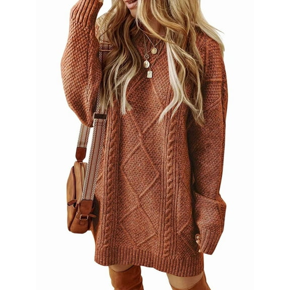 Women'S Cable Knit Casual Long Sleeve Loose Crew Neck Pullover Mini Sweater Dress Fall Winter Outfits Caramel Color XL