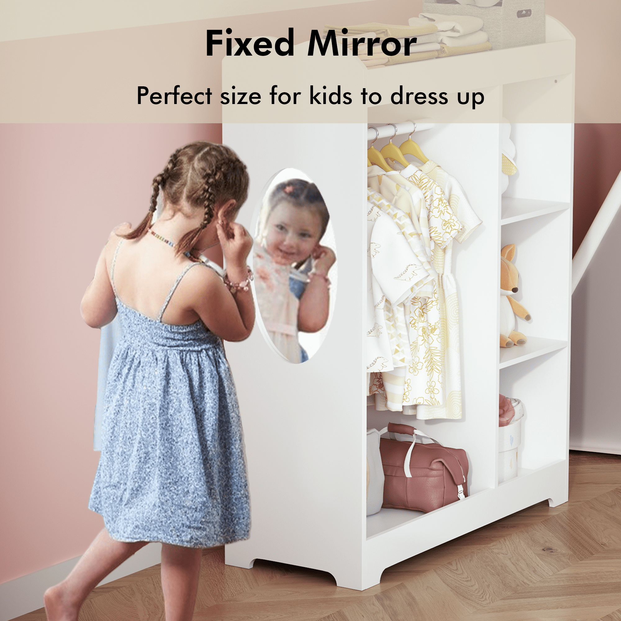 Kids Dress up Storage with Mirror and Hooks,Kids Clothes Rack with Storage Shelves and Top Shelf for Playroom Bedroom Nursery,White