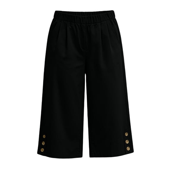 Sokhug Womens Capri Pants Elastic Waist with Side Buttons Casual Summer Solid Wide Leg Cropped Trousers