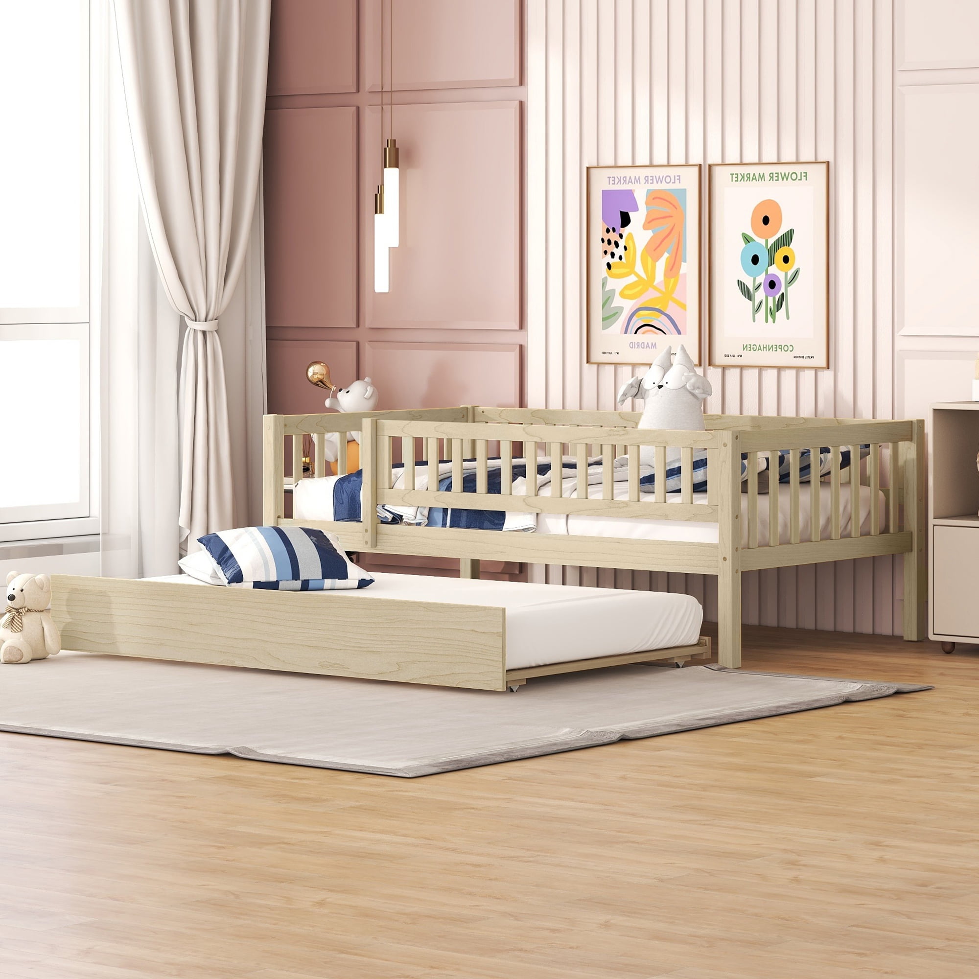 Holaki Twin Size Wood Bed with Trundle and Guardrails for Kids, Natural