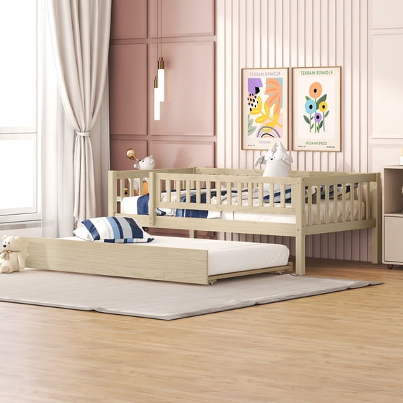 Pinovk Twin Size Wood Daybed with Trundle and Fence Guardrails, Natural