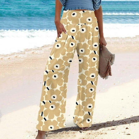 

Linen Pants For Women Wide Leg High Waist Wide Leg Palazzo Lounge Prints Pants For Women Smocked Elastic Waist Loose Comfy Casual Pajama Pants Pockets