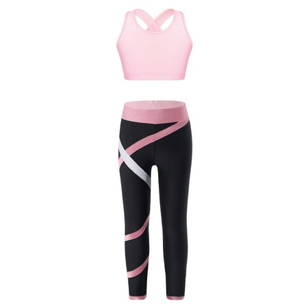 XUNZOO Girls Criss Cross Back Tank Tops with Stretch Leggings Set Yoga Dance Sports Bra Suit Gym Pink 14