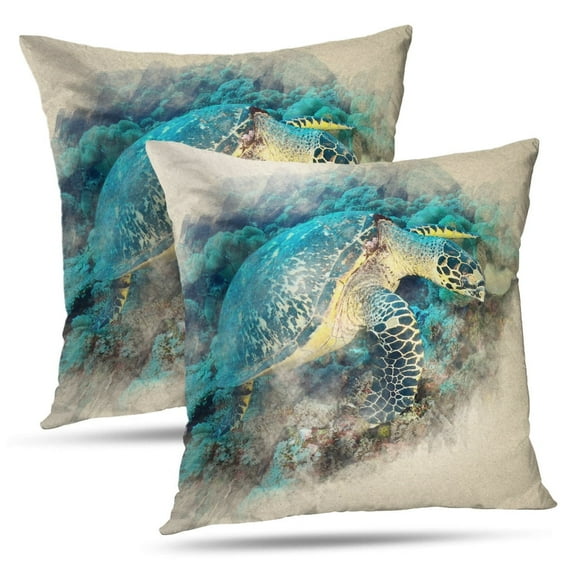 LALILO Throw Pillow Covers Sea Turtle Coral Reef Sea Marine Life Ocean Underwater Watercolor Vintage Acrylic Set of 2 Square 18 x 18 Inch Pillowcase