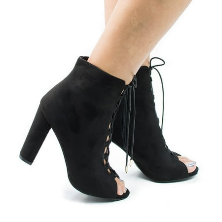 Black Retro Fork Boots - Morris12 by Wild Diva, Retro Corset Lace Up Peep Toe Blocked Heel Ankle Booties