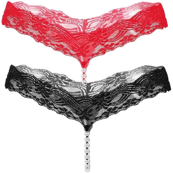 2 Pack Womens Pearls Mini Bikini G-String Thongs Peral Chain String Cute Lingerie T Pants Lace Thongs M-XXL
