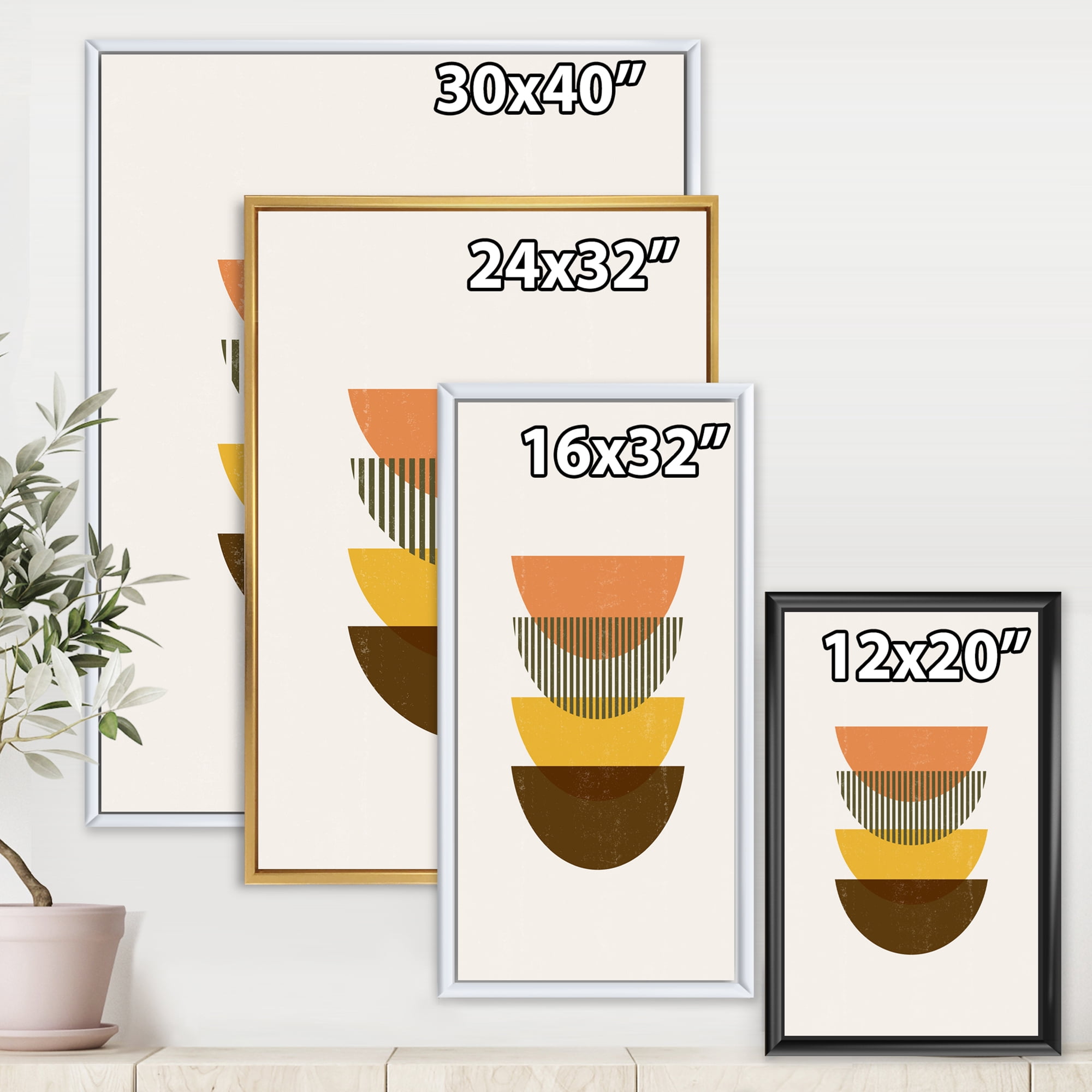 Half Moons In Earth Tones Abstract Geometric Art 24 in x 32 in Framed Painting Canvas Art Print, by Designart