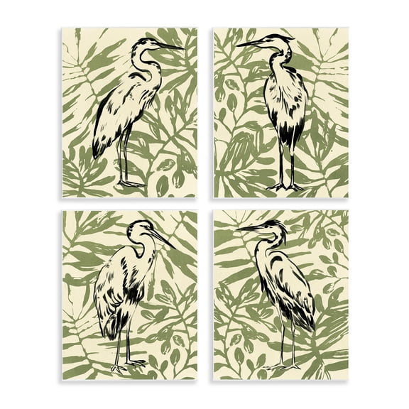 Stupell Industries Tropical Herons with Leaves Plants & Flowers Painting Unframed Art Print Wall Art, 11 x 14, Set of 4