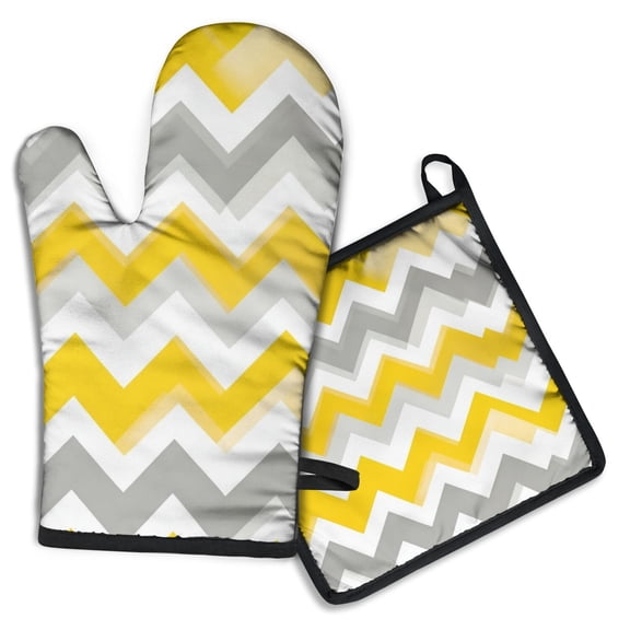 Yellow and Gray Modern Art Geometric Kitchen Oven Mitt and Pot Holder Sets 2 Pcs for Baking, Cooking and Grilling, Heat Resistant Up To 392 °F