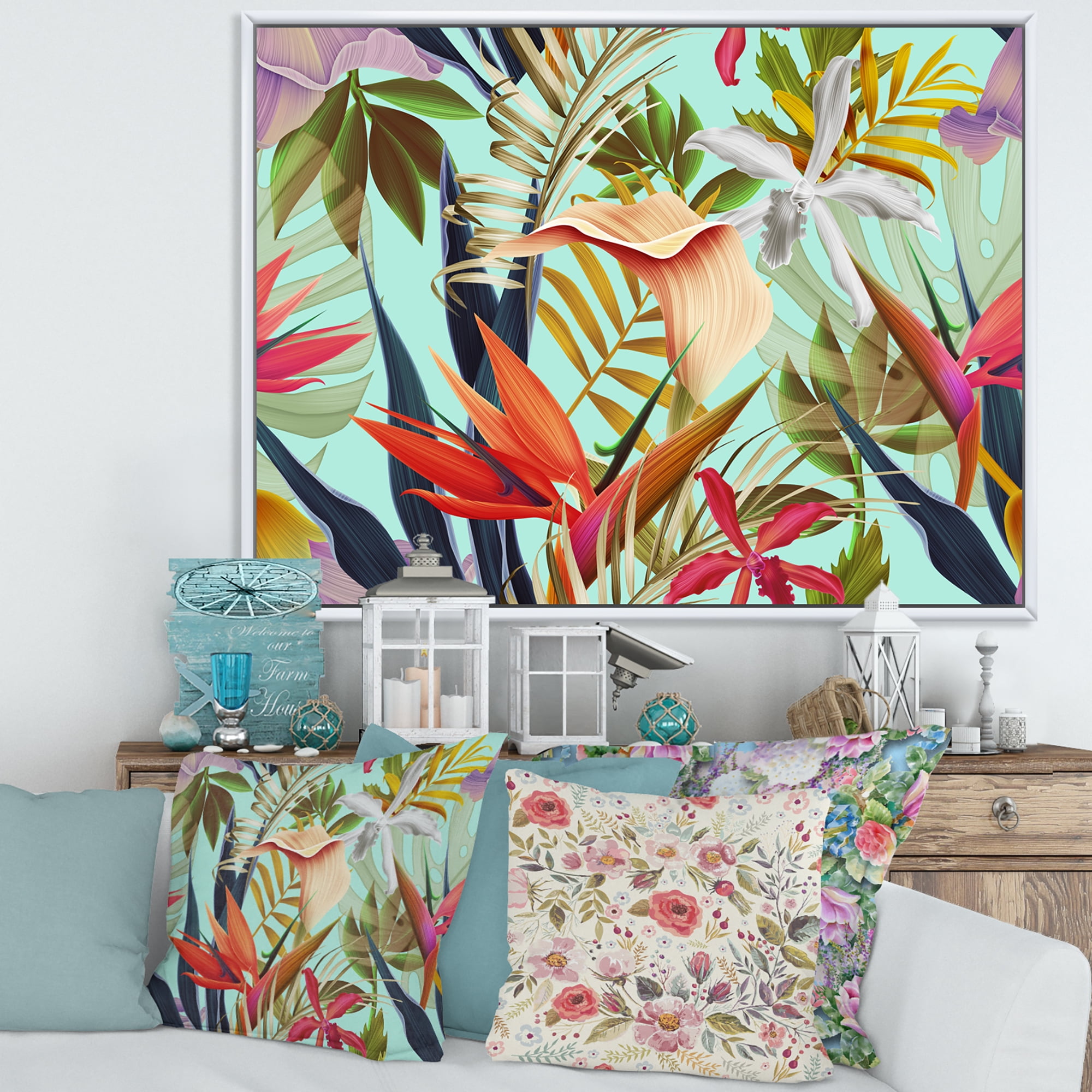 Designart 'VIntage Tropical Flowers II' Tropical Framed Canvas Wall Art Print