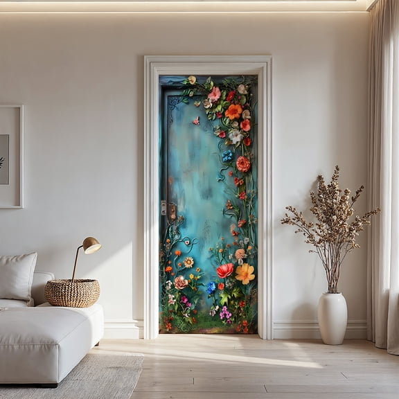 Enchanted Garden Oil Painting Door Sticker - 30.3x78.7in Turquoise Floral Vine Peel and Stick Door Decal for Home Decor