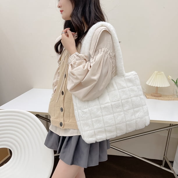 Bolso Bolso de mano de felpa suave para mujer Otoño Invierno hombro mullido bolso con asa superior (blanco)