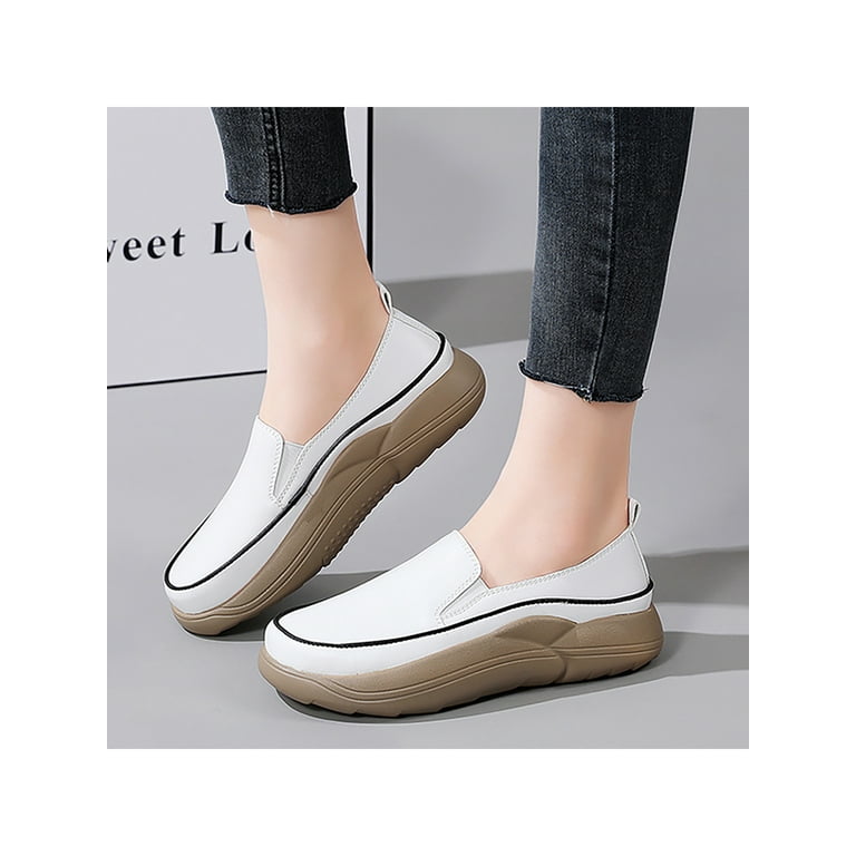 Ritualay Platform Slip on Sneakers Round Toe Low Cut Thick Sole Dress Slip On Shoes Ballet Flats Skate Walking Shoes White 5.5