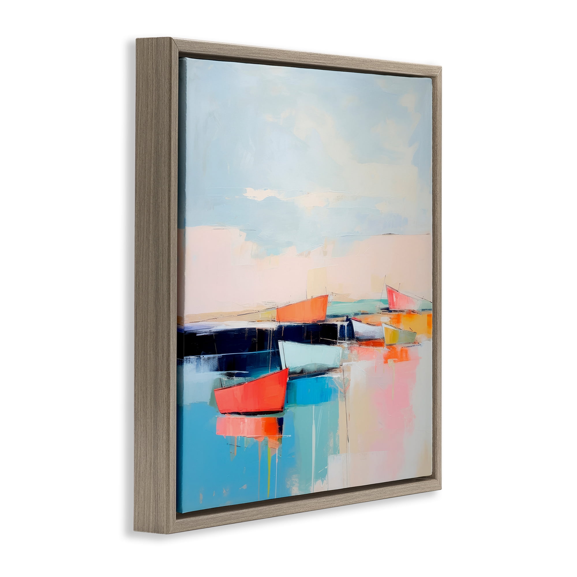 Stupell Industries Vivid Boat Reflection Transportation Painting Brown Floater Framed Canvas Art Print Wall Art, 18 x 18