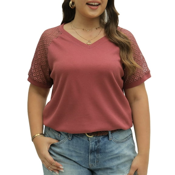 Mengpipi Plus Size Tops for Women Waffle Knit Lace Short Sleeve Blouse Casual Loose Summer T Shirts Red 1X-4X