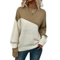 thumbnail image 2 of Women'S Casual Color Block Sweater Crewneck Long Sleeve Ribbed Knit Pullover Top Khaki M, 2 of 8