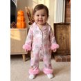 thumbnail image 3 of Cjfdfy Newborn Baby Girl Halloween Satin Pajamas Romper Pumpkin Bow Printed Long Sleeve Furry Trim Jumpsuit Cute Halloween Holiday Fall Winter Sleepwear 0-24 Months, 3 of 9