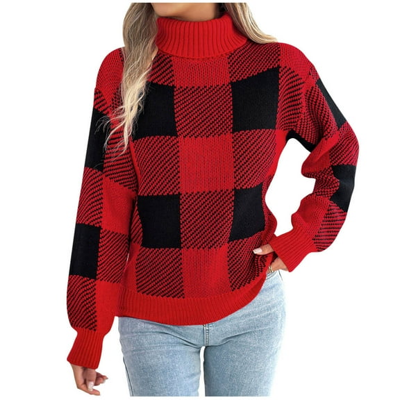 ZUKMRJPC Christmas Sweater for Women Turtleneck Long Sleeve Plaid Cozy Knitted Pullover Sweaters Fall Casual Slim Fit Tops