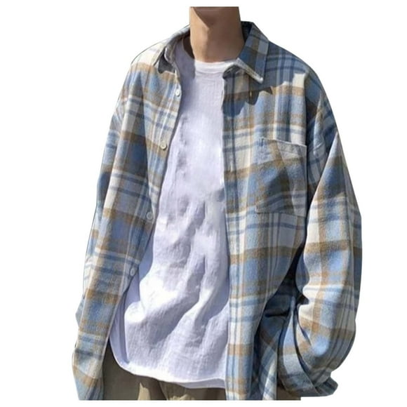 Wyzesi Fall Shirts for Boys Size Men's Flannel Shirts Long Sleeve Cotton Plaid Shirt Jacket Casual Button Down Shirt with Pockets Black Dress Shirt Men Plus Size