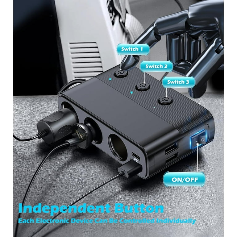 7 in 1 Cigarette Lighter Splitter, 3 Socket Car Charger Adapter, Type-C  QC3.0 PD 30W Charging, Dual USB Charging Ports, Independent Switches, LED  Voltmeter, Plug Outlet 12V/24V(3.3ft Cable)