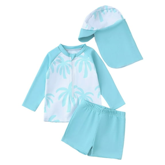 Zanarzt Baby Boy Rash Guard Swimsuits Baby Boys Swimsuit Long Sleeve Rash Guard Swimwear Baby Boy Swim Trunk with Hat Set 3 Piece Toddler Bathing Suit Light Blue,18-24 Months