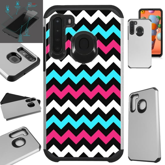 WORLD ACC Fusion Phone Case Compatible with Samsung Galaxy A21 + TEMPERED GLASS Hybrid TPU Phone Cover (Chevron Pink Teal)