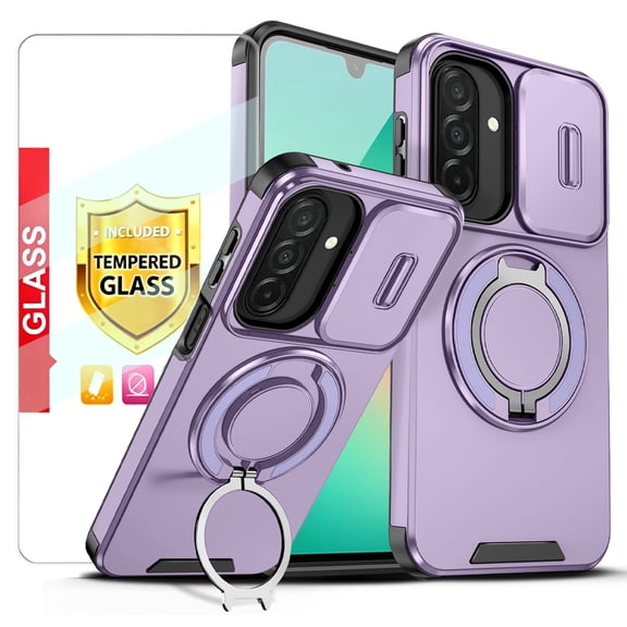 Kryonix for Samsung Galaxy A27 5G 6.7'' Case with Tempered Glass Screen Protector,Slide Camera Cover,Dual-Layer Hybrid Shockproof Magnetic Ring Holder,Rugged Slim Cell for Women Men,Purple