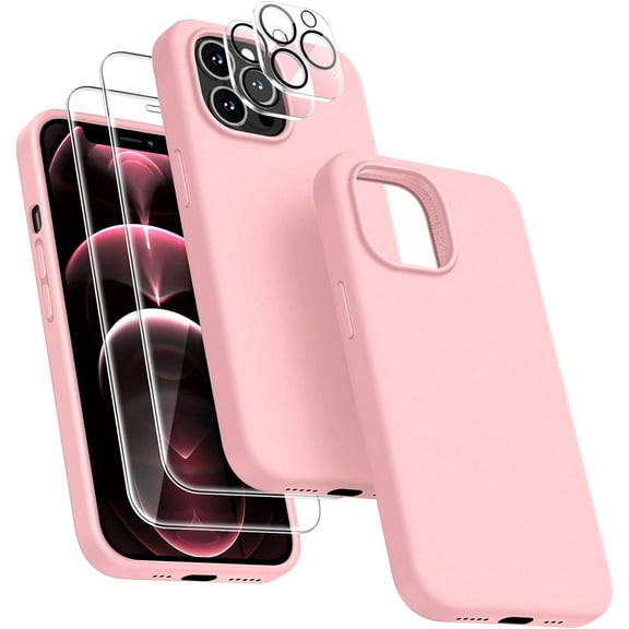 [5 in 1 for iPhone 12 Pro Max Case 6.7 inch, with 2 Pack Screen Protector 2 Pack Camera Lens Protector, Liquid Silicone Ultra Slim Shockproof Protective Phone Case (Pink)…