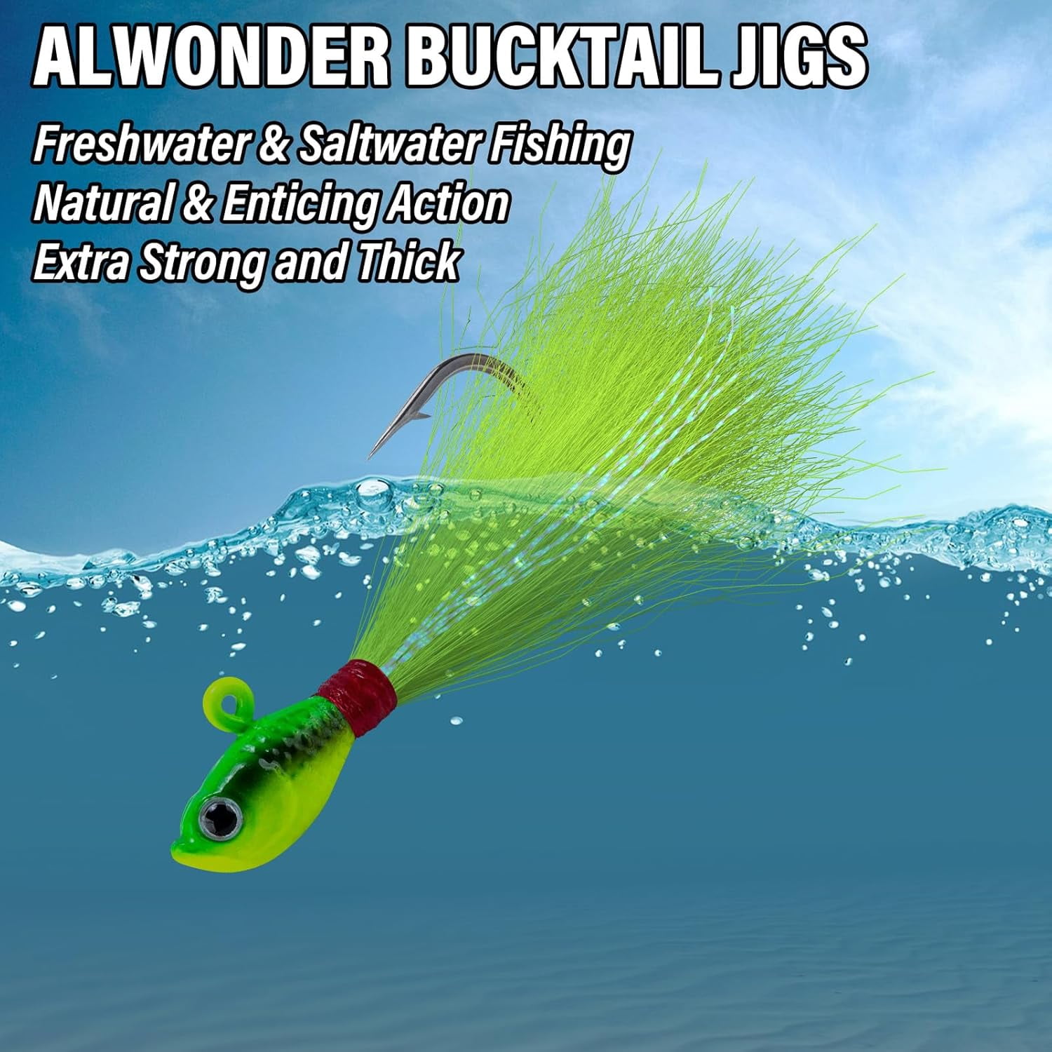 5-Pack Bucktail Jigs Hair Jigs Saltwater Freshwater Fishing Bucktail Lures Surf Fishing Jig Heads White Luminous Chartreuse Swimbait Jig for Bass Flounder Striper Bluefish Halibut Redfish