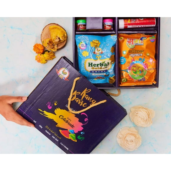 Rang Bare Coffret Cadeau pour Célébration de Holi - Multicolore / Naturel & Gulcal aux Herbes, Pack Cadeau de Holi - Couleurs Biologiques Non Toxiques & Respectueuses de la Peau