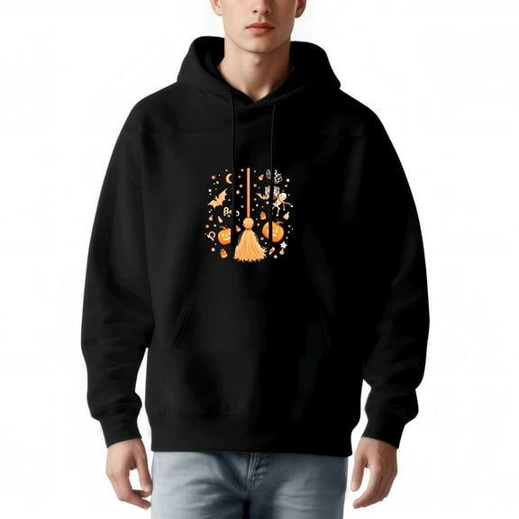 Men's Long Sleeve Hoodie Pullover Sweatshirt with Pockets - Festive Halloween Design with Pumpkins Bats and Broom