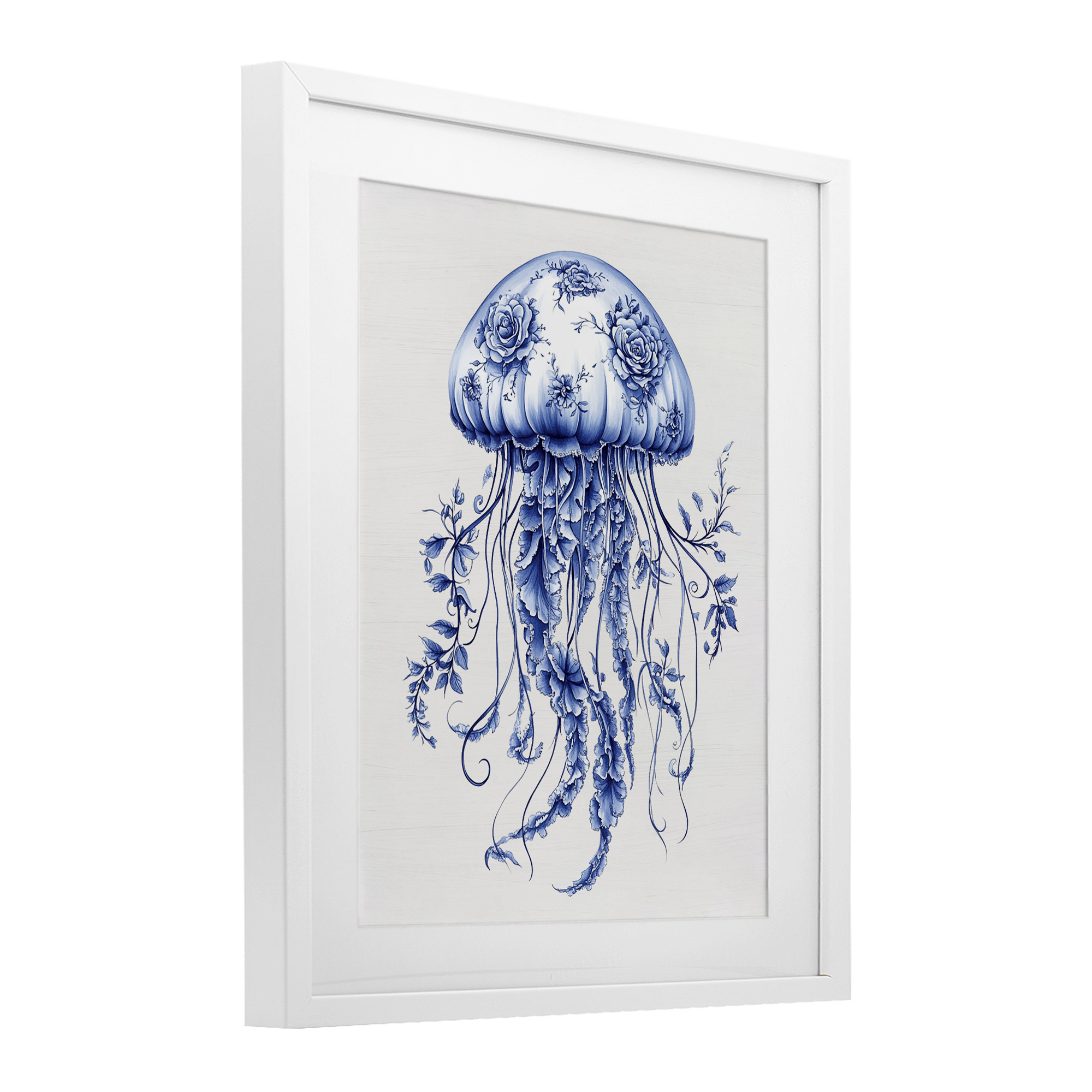 Funky Toile Jellyfish White Framed Print Under Glass, design by Lettered and Lined
