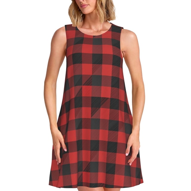 Bixox Robe Sans Manches à Carreaux Rouge Noir pour Femmes avec Poches, Robe Décontractée Longueur Genou pour l'Été-grand