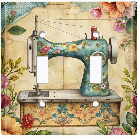 Metal Light Switch Wall Plate Outlet Cover (Printed Image of Vintage Floral Sewing Machine - Double Toggle)