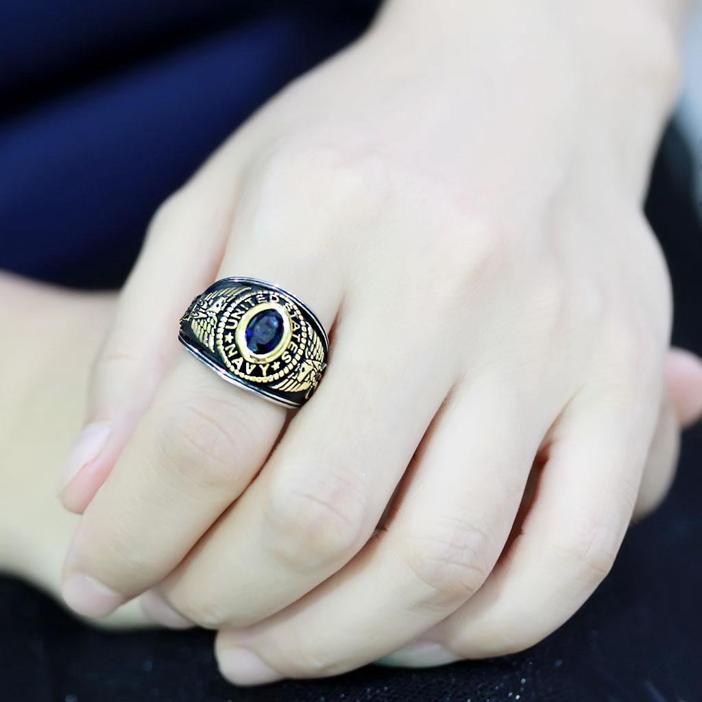 US Navy Ring for Men and Women Unisex Stainless Steel Military Patriotic Ring in Black Gold with Blue Stone