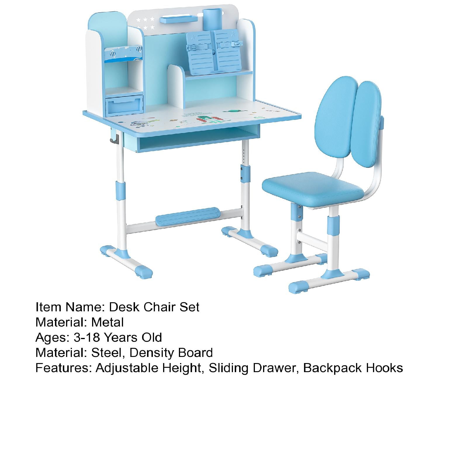 Aqyh Kids Desk and Chair Set, Height Adjustable Children School Study Table with Pen Holder, Reader, Drawer, Foot Pedal and Hook for Boys Girls (Blue)