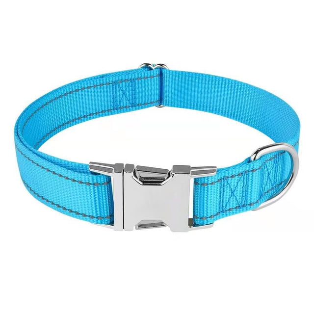 Collar para perro, collar clásico ajustable de nailon reflectante con acolchado de malla suave y transpirable para perros medianos, talla M, azul.