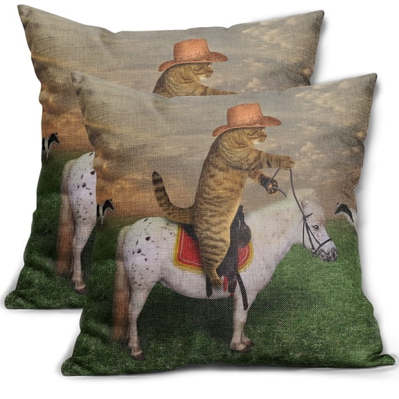 ABSOP Funny Cat Pillow Covers 18"X18" Set of 2 Weird Cat Cowboy On Horse Decorative Linen Couch Pillow Cases with Zipper Home Decor for Living Room Bedroom Bed Cushion