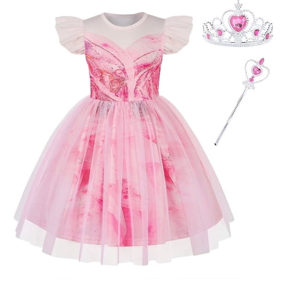 Benylion Girls Good Witch Glinda Costume Pink Princess Dress Kid Halloween Cosplay Outfit Flutter Sleeve Tulle Tress with Accessories for 5-6 Years