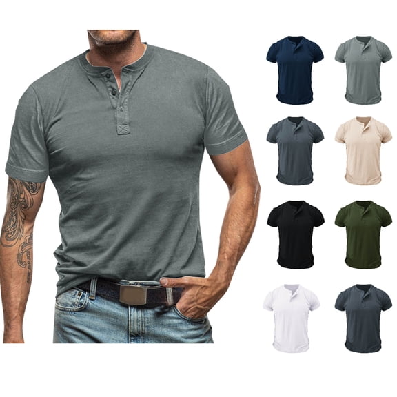 Afuyipoi Mens Cotton Henley Shirt Summer Short Sleeve Solt Fit Breathable Sport Casual Daily Top Gray Size L
