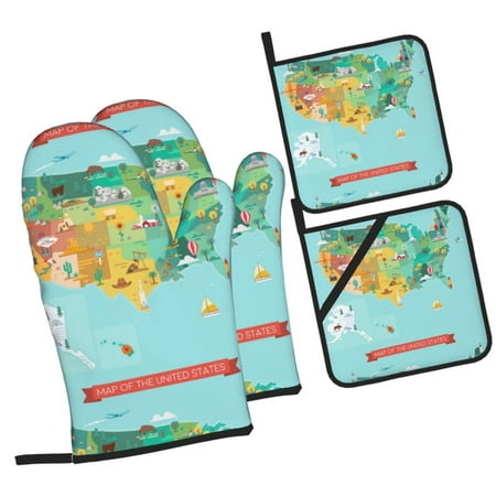 

Zeuib USA Tourist Map Oven Mitts and Potholders BBQ Gloves Kitchen Oven Glove High Heat Resistant 500 Degree Extra Long Oven Mitts and Potholder with Non-Slip Silicone Surface for Cooking